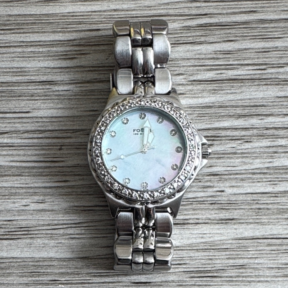 Fossil Silver Mother-of-Pearl Dial Watch with Crystal Accents